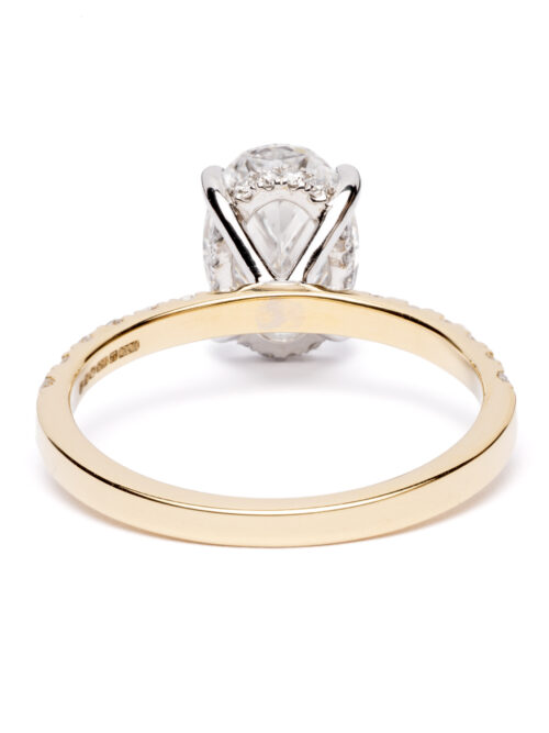 Trotters 18ct Yellow Gold & Platinum 2ct Lab Grown Oval Diamond Ring With Diamond Set Shoulders & Hidden Diamond Halo
