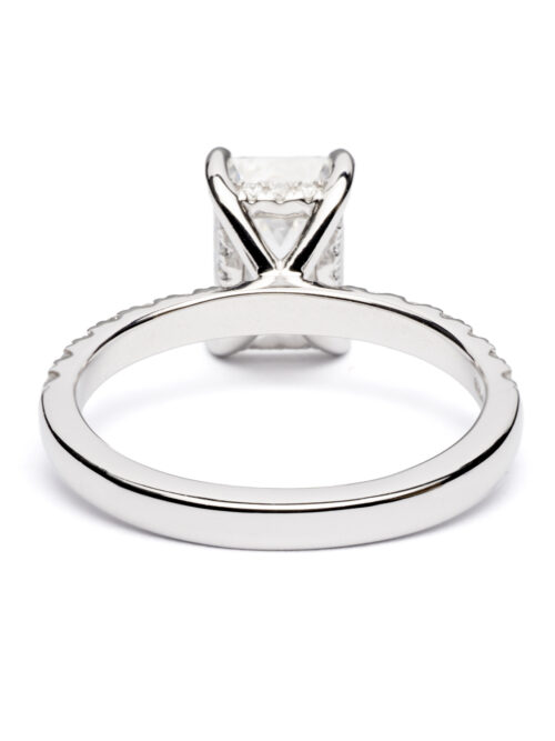Trotters Platinum 2ct Lab Grown Emerald Cut Diamond Ring With Diamond Set Shoulders  & Hidden Diamond Halo