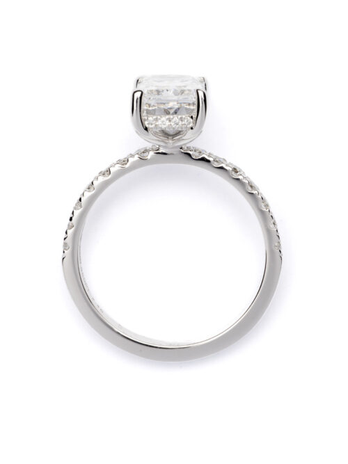 Trotters Platinum 2ct Lab Grown Radiant Diamond Ring With Diamond Set Shoulders & Hidden Diamond Halo