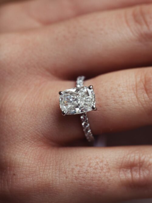 Trotters Platinum 3ct Lab Grown Cushion Cut Diamond Ring With Diamond Set Shoulders & Hidden Diamond Halo