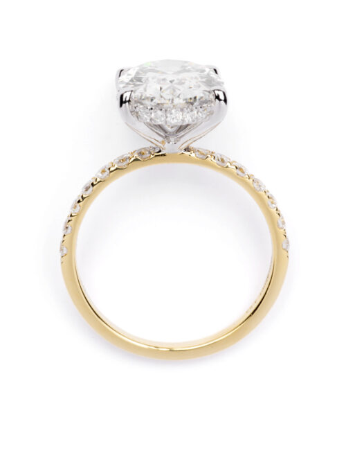 Trotters 18ct Yellow Gold & Platinum 4ct Lab Grown Oval Diamond Ring With Diamond Set Shoulders & Hidden Diamond Halo