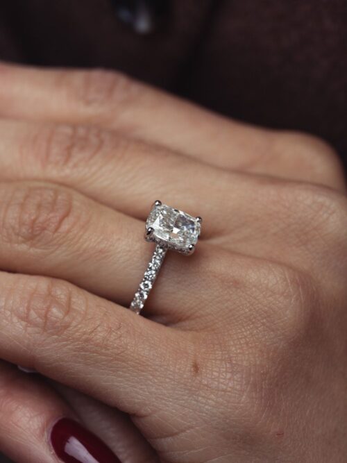 Trotters Platinum 2ct Lab Grown Cushion Cut Diamond Ring With Diamond Set Shoulders & Hidden Halo