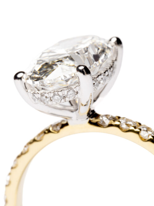 Trotters 18ct Yellow Gold & Platinum 2.5ct Lab Grown Oval Diamond Ring With Diamond Set Shoulders & Hidden Diamond Halo