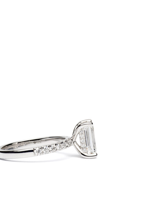 Trotters Platinum 2ct Lab Grown Emerald Cut Diamond Ring With Diamond Set Shoulders  & Hidden Diamond Halo