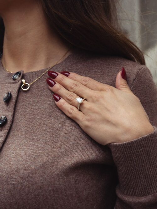 Trotters 18ct Yellow Gold 2ct Lab Grown Pear Shape Diamond Ring With Diamond Set Shoulders & Hidden Diamond Halo