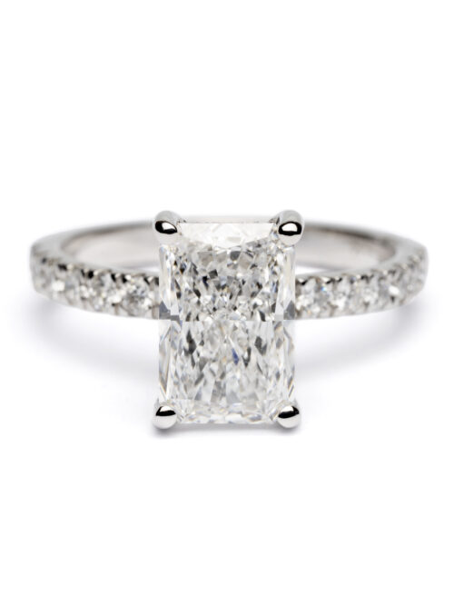 Trotters Platinum 2ct Lab Grown Radiant Diamond Ring With Diamond Set Shoulders & Hidden Diamond Halo
