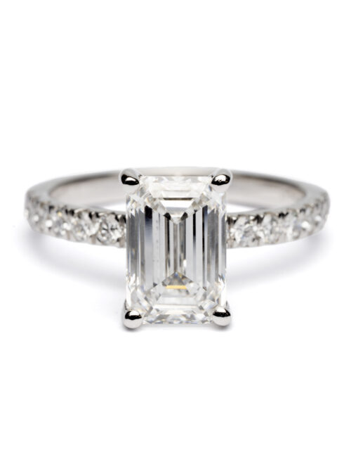 Trotters Platinum 2ct Lab Grown Emerald Cut Diamond Ring With Diamond Set Shoulders  & Hidden Diamond Halo