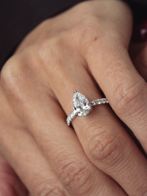 Trotters Platinum Lab Grown 1.5ct Pear Shape Diamond Ring With Diamond Set Shoulders And Hidden Halo