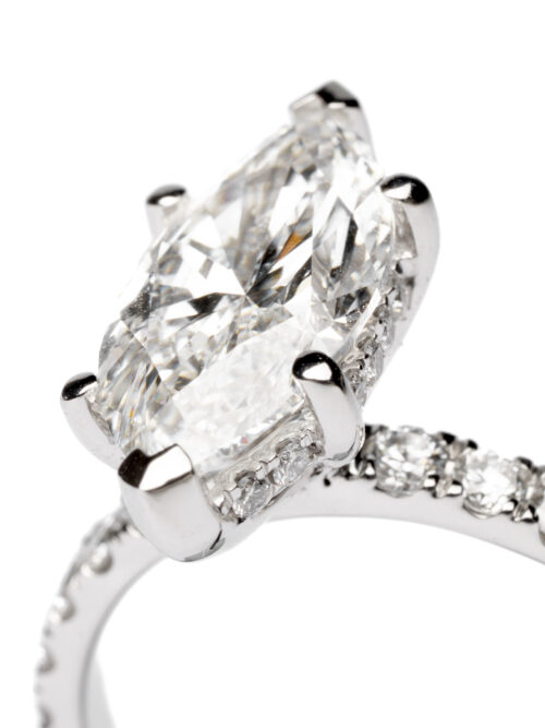 Trotters Platinum 2ct Lab Grown Marquise Diamond Ring With Diamond Set Shoulders & Hidden Diamond Halo