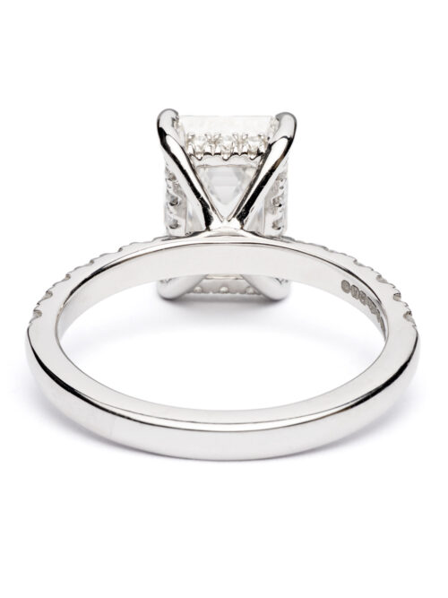 Trotters Platinum 3ct Lab Grown Emerald Cut Diamond Ring With Diamond Set Shoulders & Hidden Halo