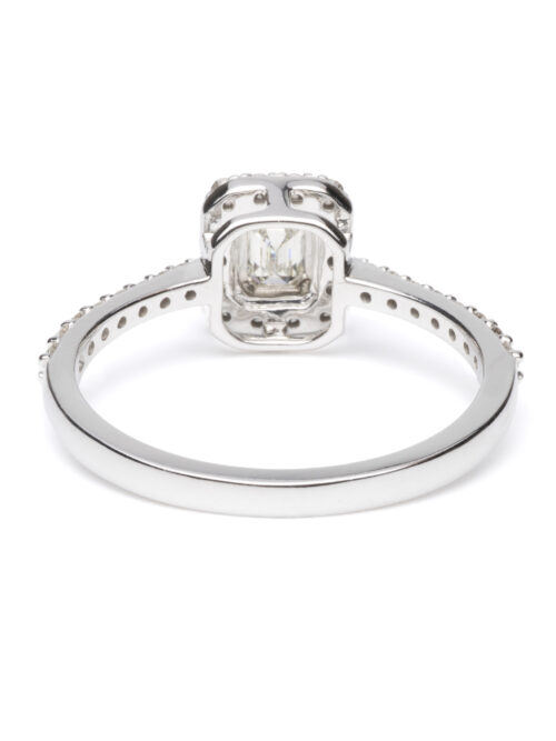 Trotters 9ct White Gold Illusion Set Emerald Cut Natural Diamond Ring With A Diamond Set Shoulders & Halo