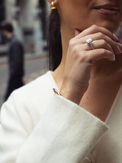 Trotters Platinum 3ct Lab Grown Emerald Cut Diamond Ring With Diamond Set Shoulders & Hidden Halo