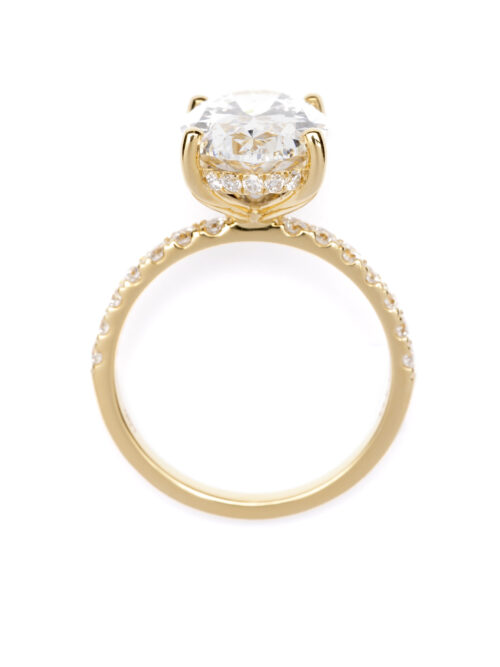 Trotters 18ct Yellow Gold 4ct Lab Grown Oval Diamond Ring With Diamond Set Shoulders & Hidden Diamond Halo