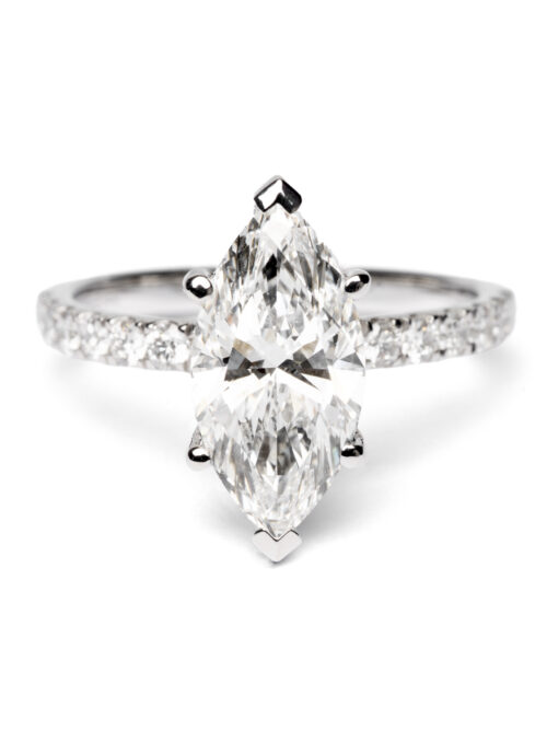 Trotters Platinum 2ct Lab Grown Marquise Diamond Ring With Diamond Set Shoulders & Hidden Diamond Halo