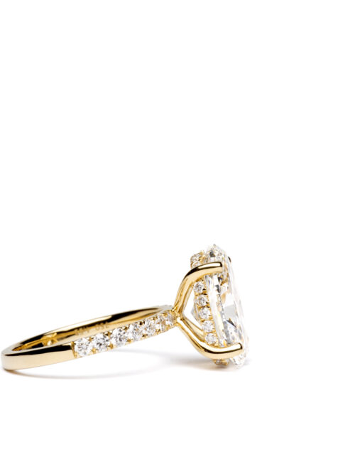 Trotters 18ct Yellow Gold 4ct Lab Grown Oval Diamond Ring With Diamond Set Shoulders & Hidden Diamond Halo