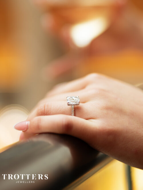 Trotters Platinum 2ct Lab Grown Cushion Cut Diamond Ring With Diamond Set Shoulders & Hidden Halo