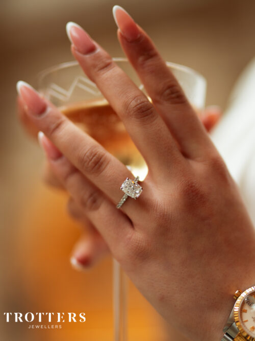 Trotters Platinum 2ct Lab Grown Cushion Cut Diamond Ring With Diamond Set Shoulders & Hidden Halo