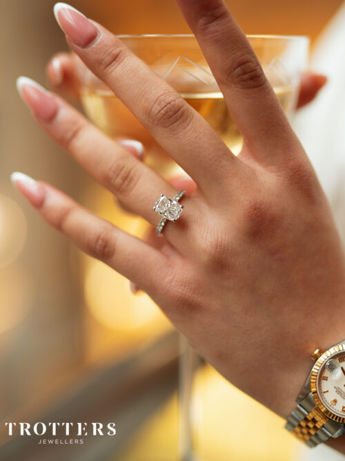 Trotters Platinum 2ct Lab Grown Cushion Cut Diamond Ring With Diamond Set Shoulders & Hidden Halo