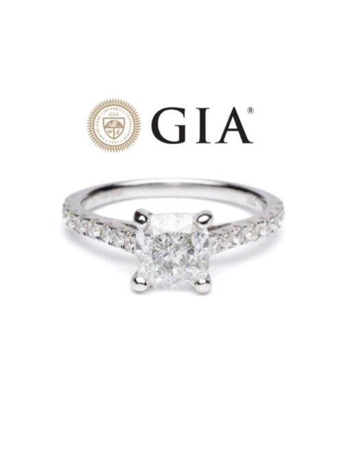 Trotters 18ct White Gold Gia Natural Cushion Cut 1.61ct Diamond Ring With Diamond Set Shoulders