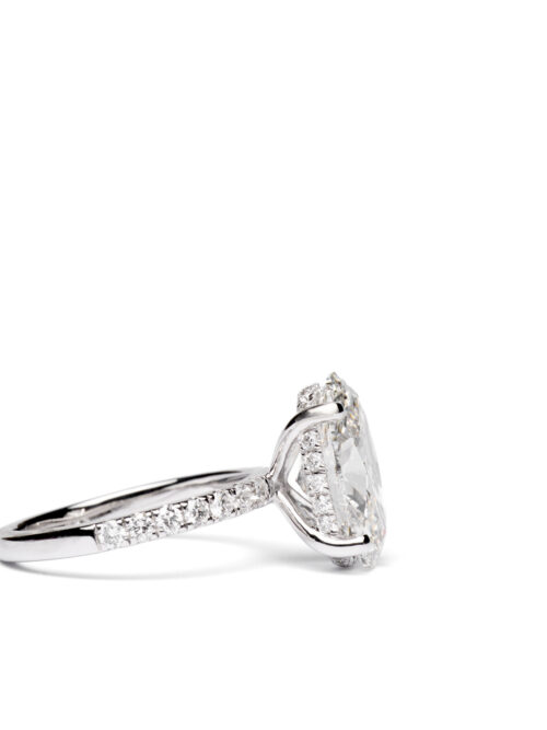 Trotters Platinum 4ct Lab Grown Oval Diamond Ring With Diamond Set Shoulders And Hidden Halo