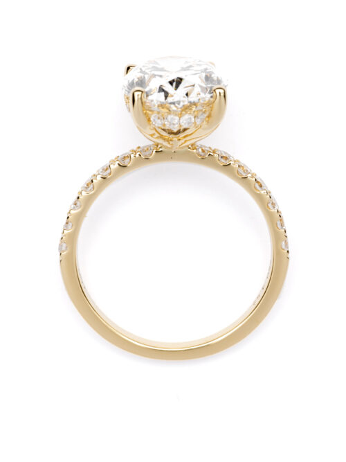 Trotters 18ct Yellow Gold 4ct Lab Grown Oval Diamond Ring With Diamond Set Shoulders & Hidden Diamond Halo