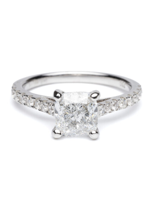 Trotters 18ct White Gold Gia Natural Cushion Cut 1.61ct Diamond Ring With Diamond Set Shoulders