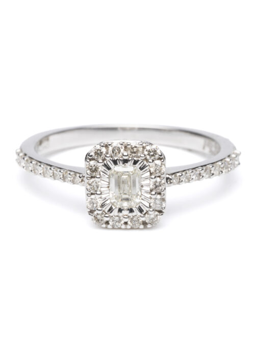 Trotters 9ct White Gold Illusion Set Emerald Cut Natural Diamond Ring With A Diamond Set Shoulders & Halo
