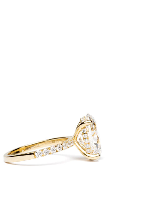 Trotters 18ct Yellow Gold 4ct Lab Grown Oval Diamond Ring With Diamond Set Shoulders & Hidden Diamond Halo