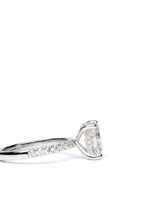 Trotters Platinum 2ct Lab Grown Cushion Cut Diamond Ring With Diamond Set Shoulders & Hidden Halo