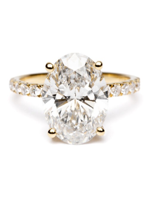 Trotters 18ct Yellow Gold 4ct Lab Grown Oval Diamond Ring With Diamond Set Shoulders & Hidden Diamond Halo