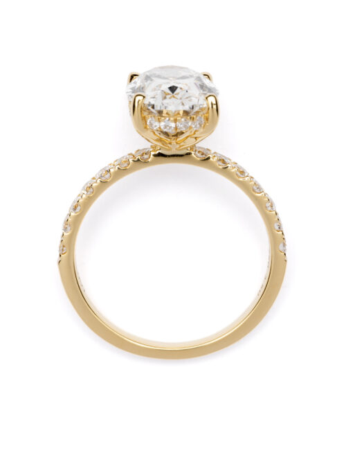 Trotters 18ct Yellow Gold 3ct Lab Grown Oval Diamond Ring With Diamond Set Shoulders And Hidden Diamond Halo