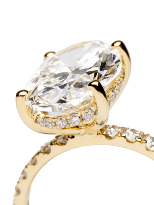 Trotters 18ct Yellow Gold 4ct Lab Grown Oval Diamond Ring With Diamond Set Shoulders & Hidden Diamond Halo