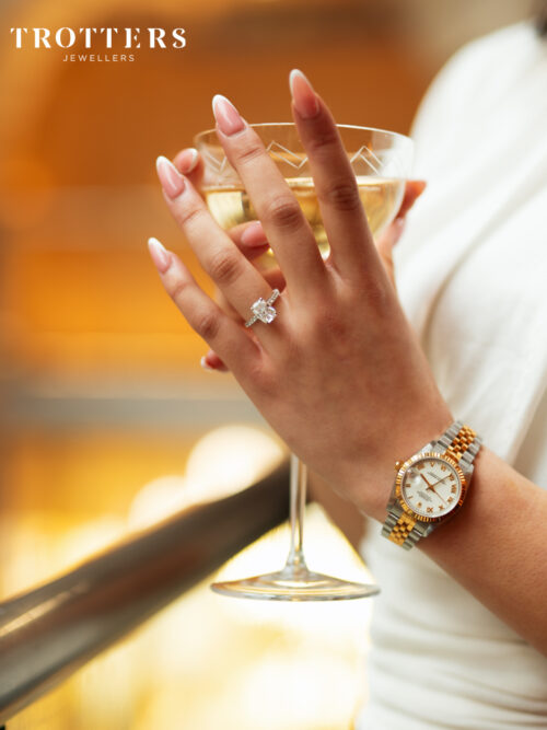 Trotters Platinum 2ct Lab Grown Cushion Cut Diamond Ring With Diamond Set Shoulders & Hidden Halo