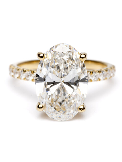 Trotters 18ct Yellow Gold 4ct Lab Grown Oval Diamond Ring With Diamond Set Shoulders & Hidden Diamond Halo