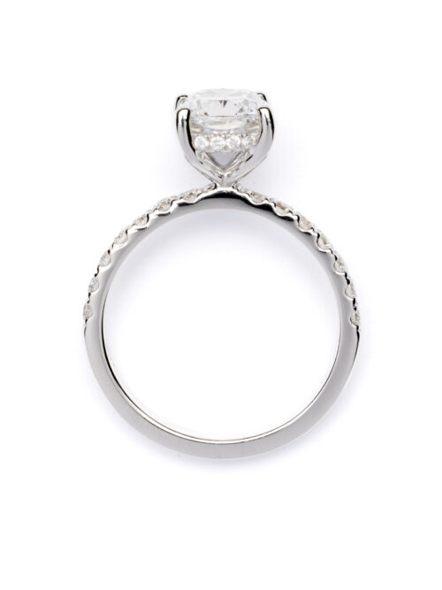 Trotters Platinum 2ct Lab Grown Cushion Cut Diamond Ring With Diamond Set Shoulders & Hidden Halo