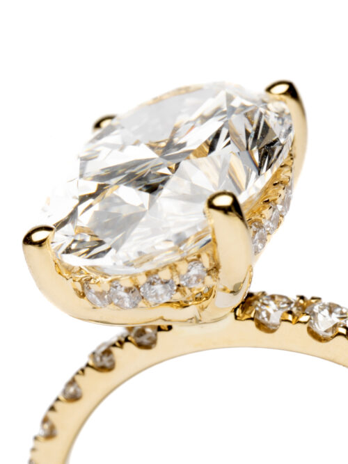 Trotters 18ct Yellow Gold 4ct Lab Grown Oval Diamond Ring With Diamond Set Shoulders & Hidden Diamond Halo