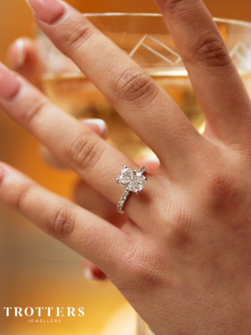 Trotters Platinum 2ct Lab Grown Cushion Cut Diamond Ring With Diamond Set Shoulders & Hidden Halo