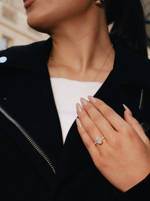 Trotters 18ct Yellow Gold 3ct Lab Grown Oval Diamond Ring With Diamond Set Shoulders And Hidden Diamond Halo