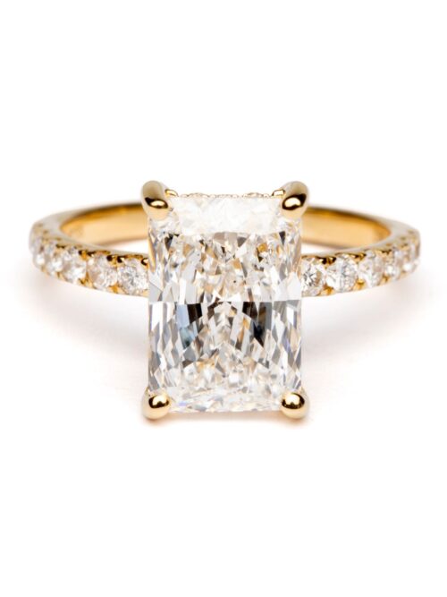 Trotters 18ct Yellow Gold 3ct Radiant Cut Lab Grown Diamond Ring With Diamond Set Shoulders And Hidden Diamond Halo