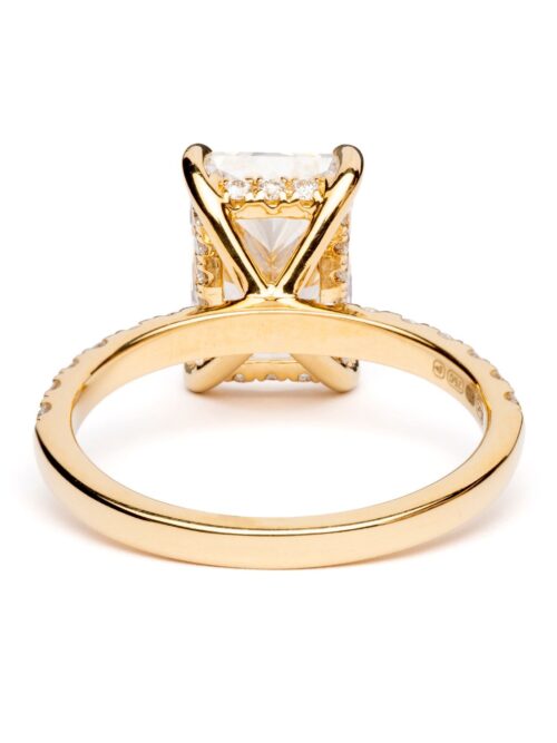 Trotters 18ct Yellow Gold 3ct Radiant Cut Lab Grown Diamond Ring With Diamond Set Shoulders And Hidden Diamond Halo