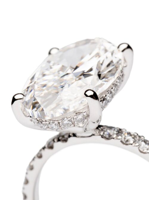 Trotters Platinum 5ct Oval Cut Lab Grown Diamond Ring With Diamond Set Shoulders And Hidden Diamond Halo