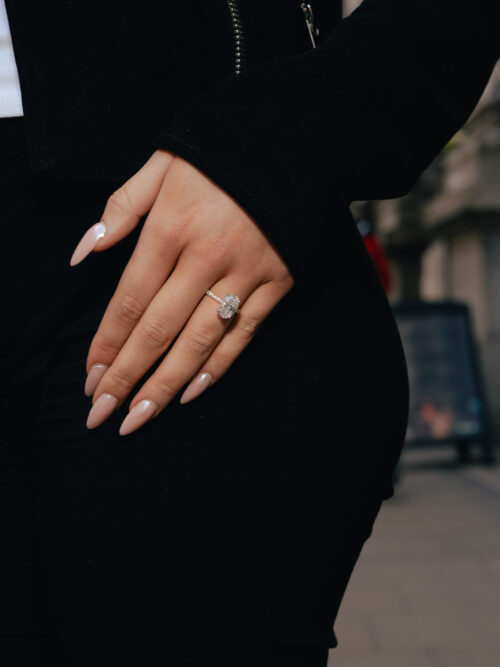 Trotters 18ct Yellow Gold & Platinum 3ct Lab Grown Oval Diamond Ring With Diamond Set Shoulders & Hidden Diamond Halo