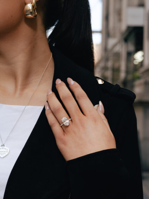 Trotters 18ct Yellow Gold & Platinum 4ct Lab Grown Oval Diamond Ring With Diamond Set Shoulders & Hidden Diamond Halo