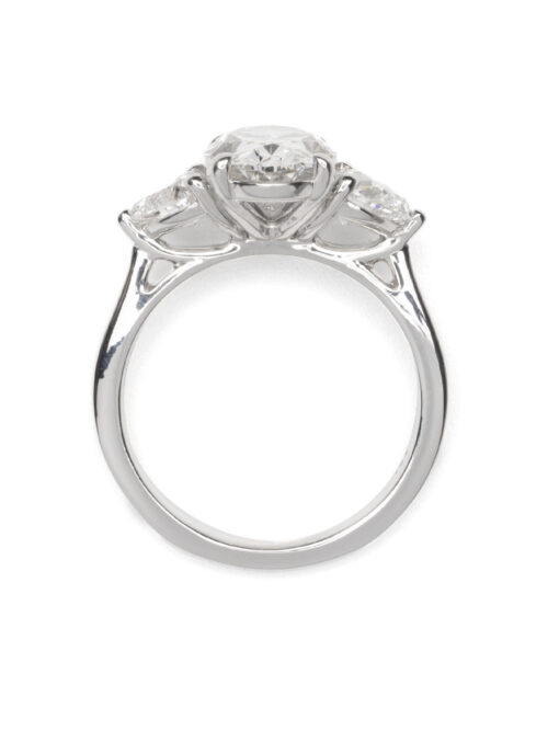 Trotters Platinum Three Stone Lab Grown Diamond Ring With Oval Centre 2.50ct And Heart Shoulders