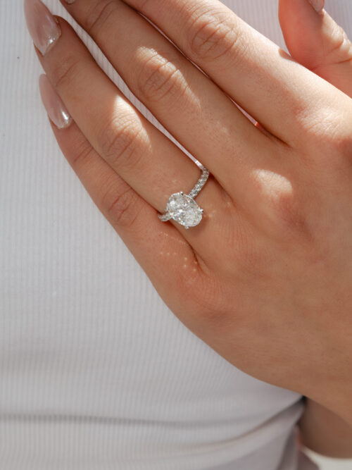 Trotters Platinum 2.5ct Lab Grown Oval Diamond Ring With Diamond Set Shoulders & Hidden Diamond Halo