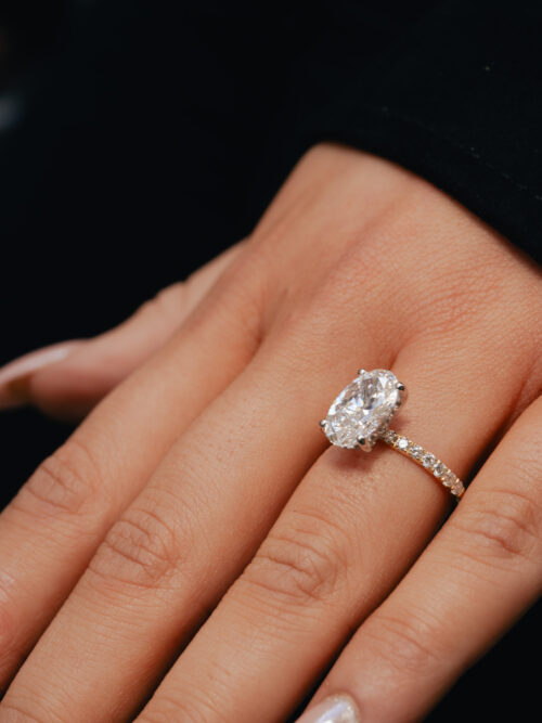 Trotters 18ct Yellow Gold & Platinum 3ct Lab Grown Oval Diamond Ring With Diamond Set Shoulders & Hidden Diamond Halo