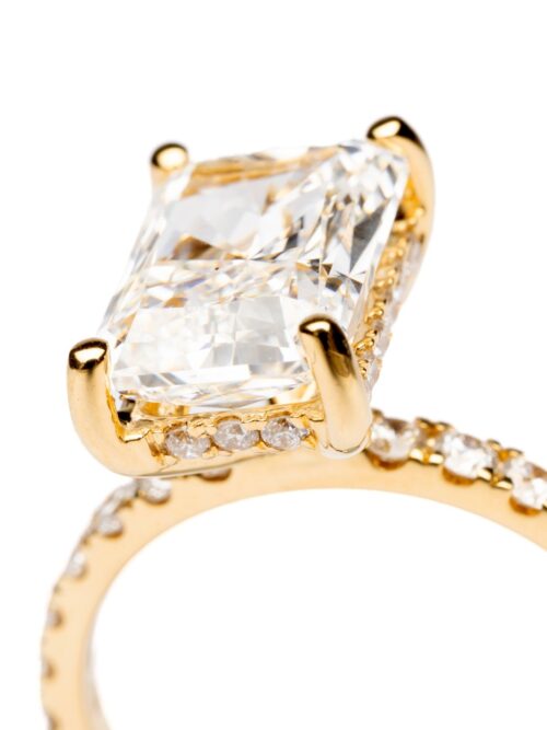 Trotters 18ct Yellow Gold 3ct Radiant Cut Lab Grown Diamond Ring With Diamond Set Shoulders And Hidden Diamond Halo