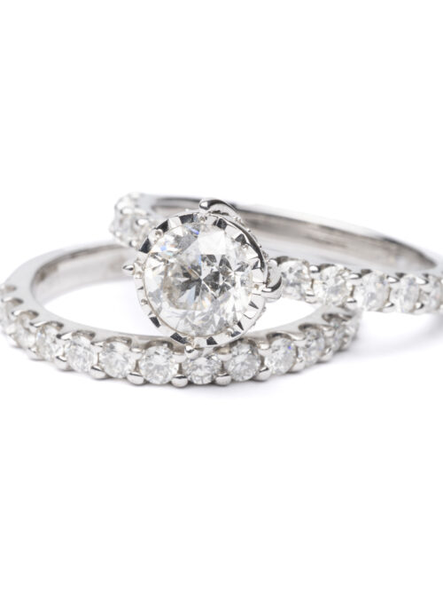 Trotters 9ct White Gold Diamond Ring Set, Brilliant Round  1ct Centre 0.60 Diamond Set Shoulders & Wedding Band 0.48ct