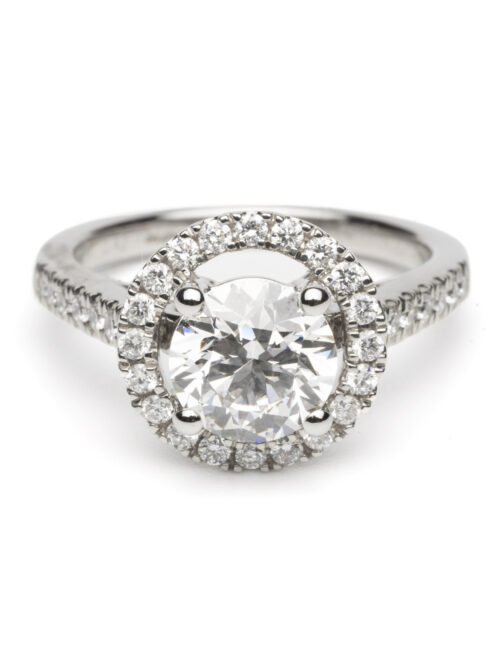 Trotters Platinum Single Stone Lab Grown Diamond Ring Brilliant Round With A Diamond Halo And Shoulders