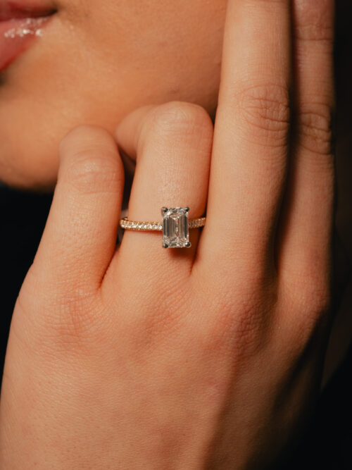 Trotters 18ct Yellow Gold / Platinum Single Stone Lab Grown Emerald Cut Diamond Ring With Diamond Set Shoulders